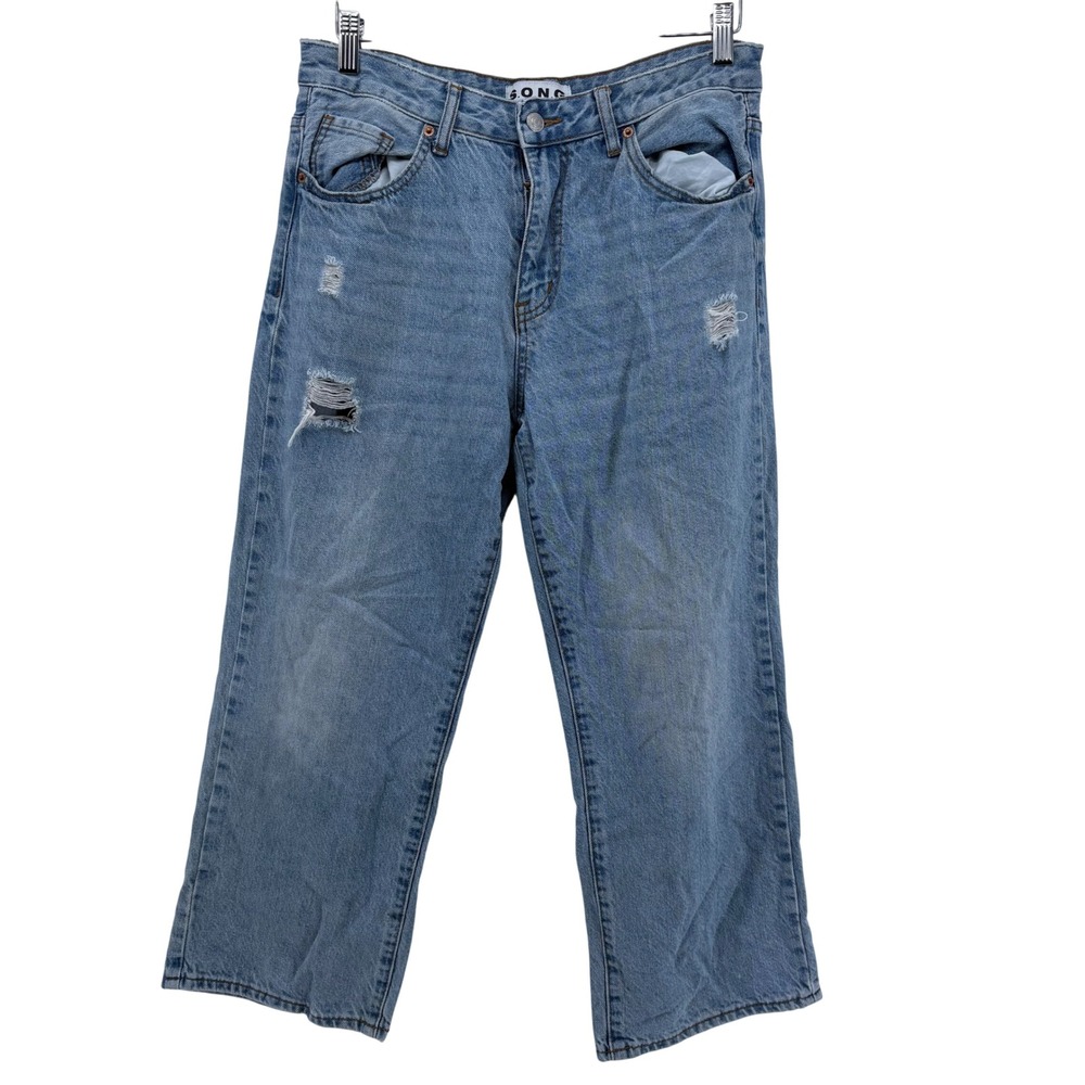 SONG Womens Jeans Light Wash Cropped Wide Leg‎ Distressed Denim Cotton Size 9 29